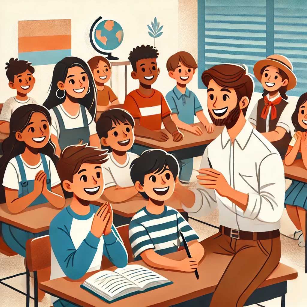 DALL·E 2024-07-05 14.50.59 - A joyful classroom scene with young TEFL_TESOL students being taught by a young adult teacher, set in a South American country. The students
